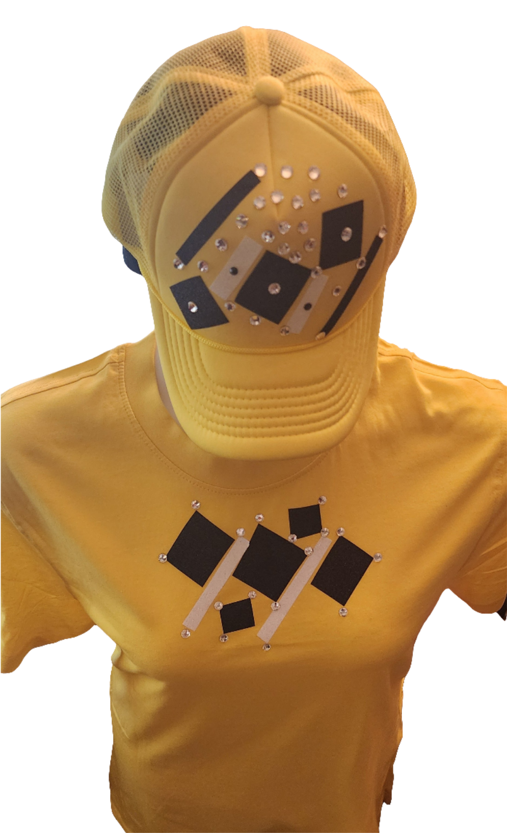 Ladies yellow 2 pc cap and tshirt black and white embellish