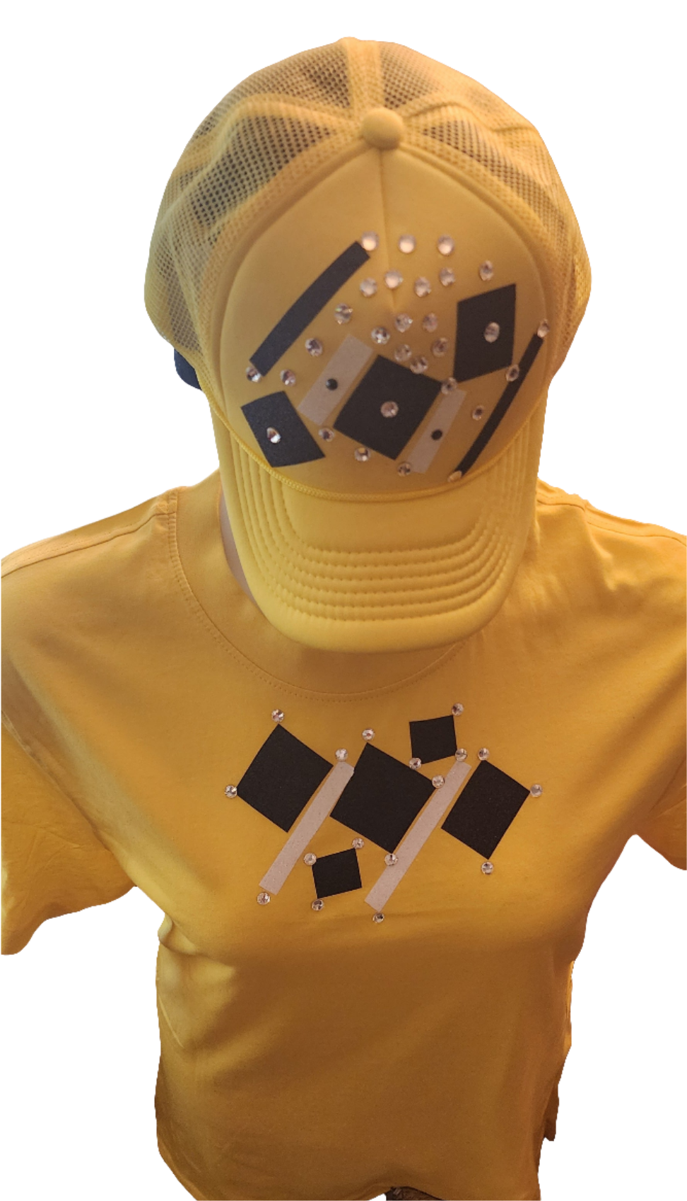 Ladies yellow 2 pc cap and tshirt black and white embellish