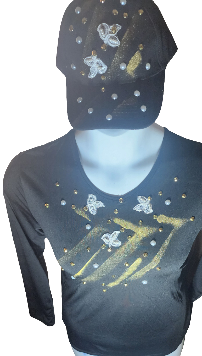 Ladies Black and gold embellished  cap with matched long sleeve vneck shirt