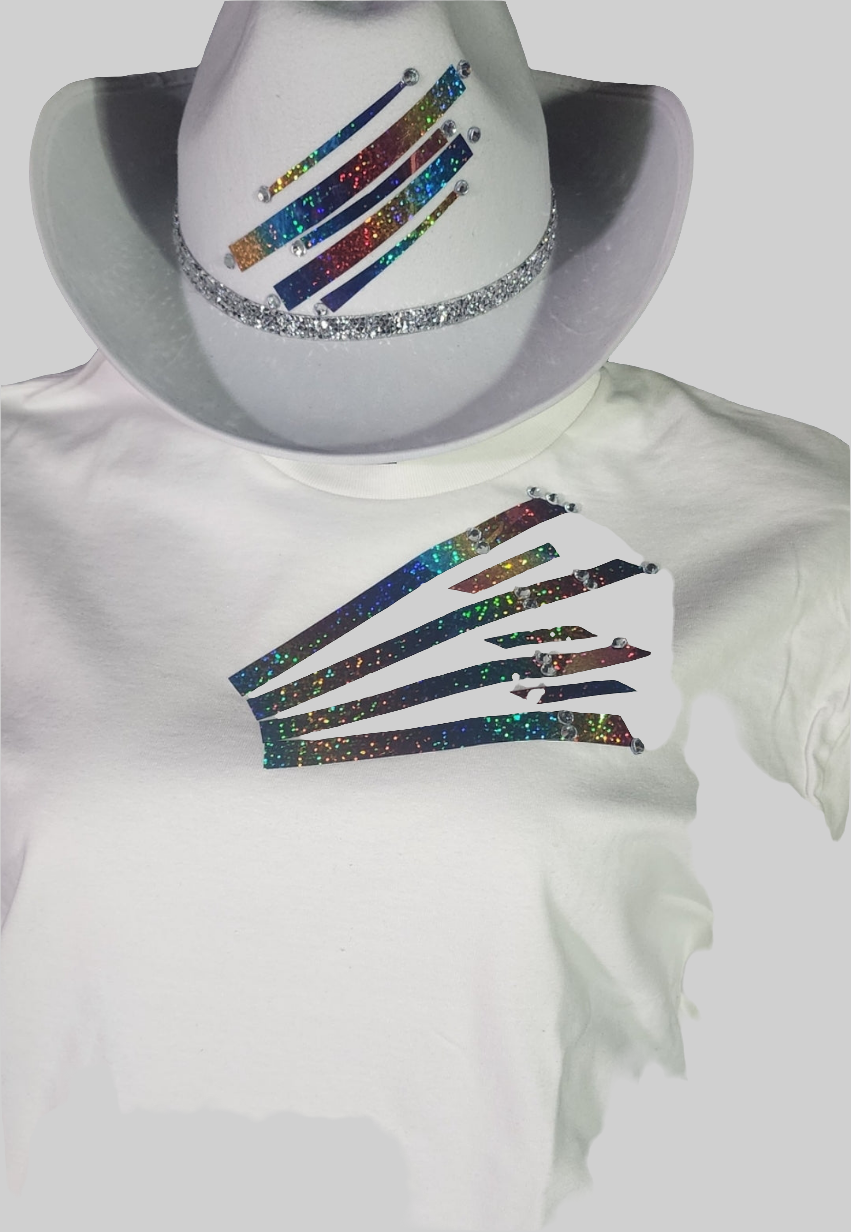 Ladies white cowgirl hat multicolor embellished tshirt