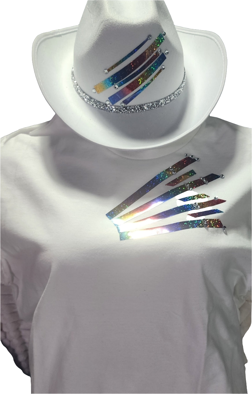 Ladies white cowgirl hat multicolor embellished tshirt