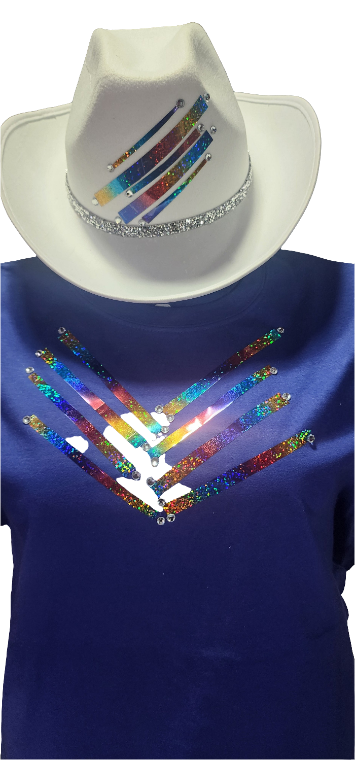 White cowgirl hat with multicolor tshirt