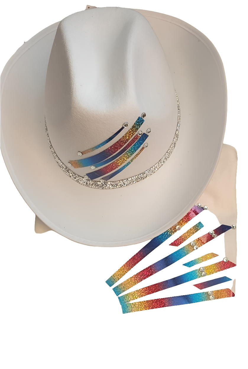 Ladies white cowgirl hat multicolor embellished tshirt