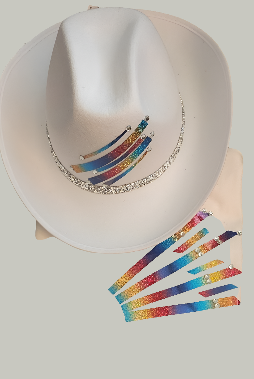 Ladies white cowgirl hat multicolor embellished tshirt
