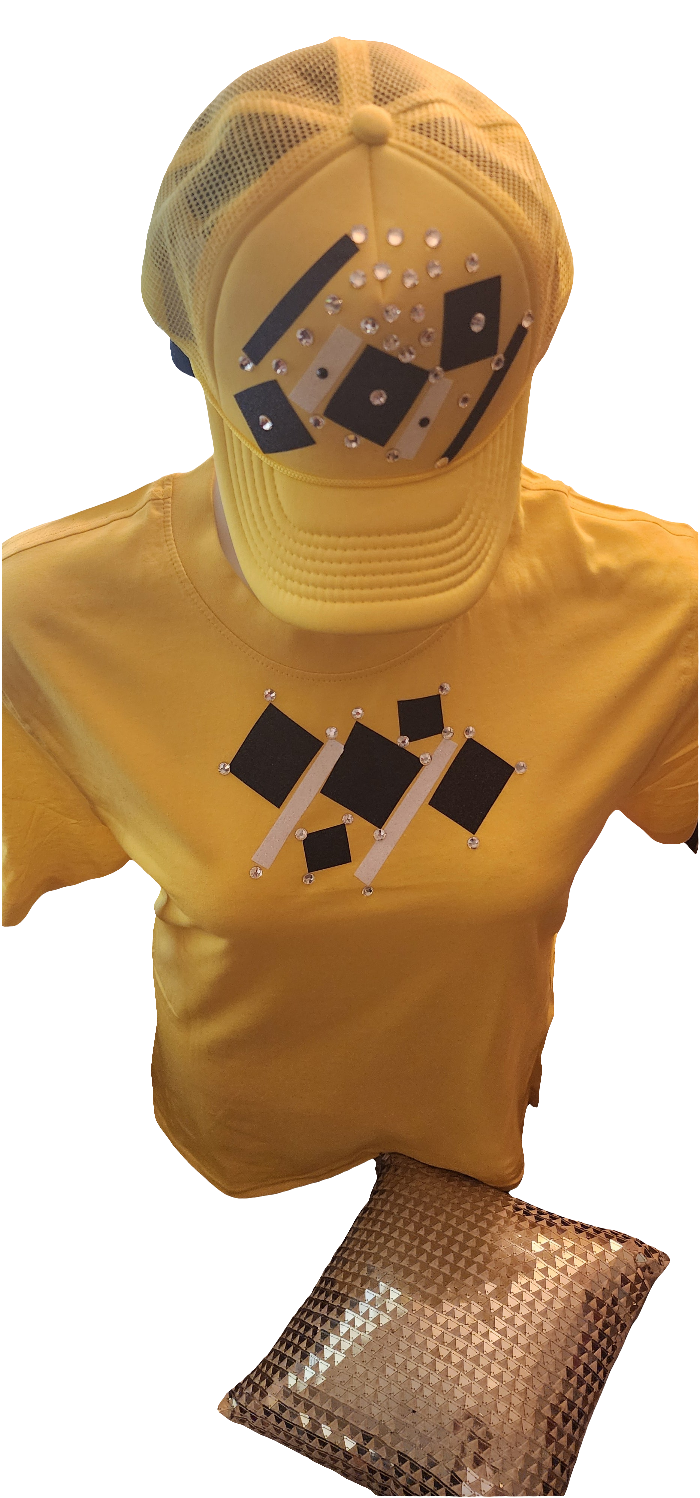 Ladies yellow 2 pc cap and tshirt black and white embellish