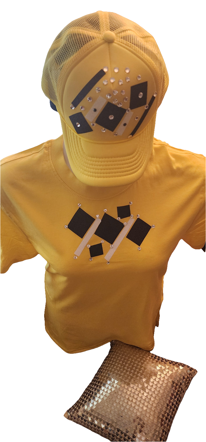 Ladies yellow 2 pc cap and tshirt black and white embellish