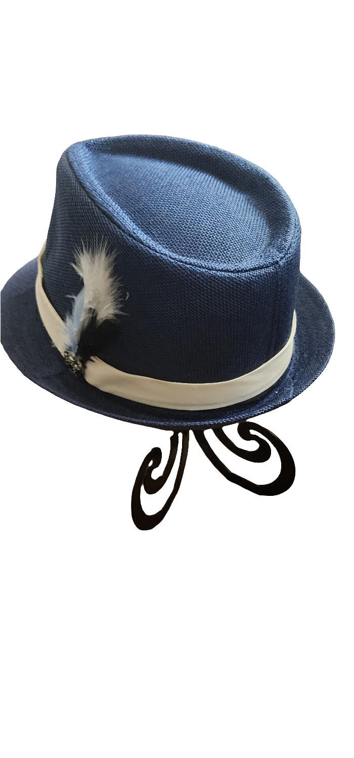 Mens Blue Fedora feather accents