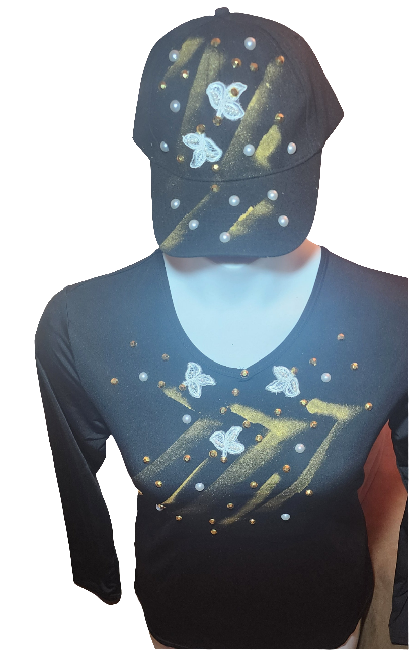 Ladies Black and gold embellished  cap with matched long sleeve vneck shirt