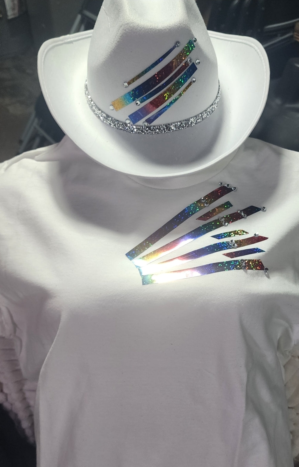 Ladies white cowgirl hat multicolor embellished tshirt